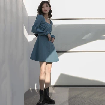 Dolg Rokav Obleka Ženska Kvadratnih Ovratnik Francoskem Slogu Visoko Pasu Korejska Različica A-Line Mini Obleke Retro Chic Femme Gumbi Tide