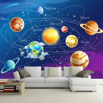 Dropship po Meri Zidana Walpaper 3D Cartoon Planet Sončnega Sistema Fotografijo za Ozadje Otroci Soba Modro Ozadje Otroci Ozadje Stenski Dekor
