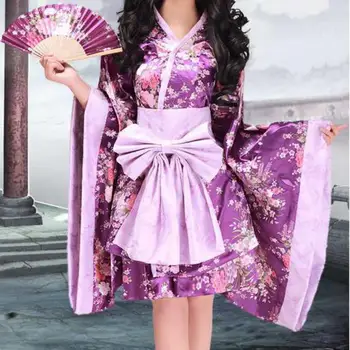 Vintage Tradicionalnih Ženskih Svile Rajon Kimono Yukata Z Obi Seksi Vijolično Japonskih Žensk Večerno Obleko Halloween Kostum Cosplay