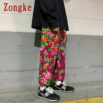 Zongke Cvetlični Priložnostne Hlače Moški Oblačila korejskem Slogu Ulične Moških Joggers Sweatpants Hlače Mens Hlače Harajuku 5XL 2021