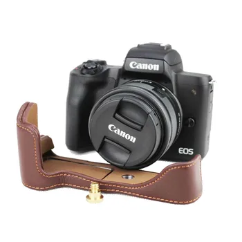 Novo Pravega Usnja za Fotoaparat torba Torba Za Canon EOS M50 M50 II EOS M50 Mark II Polovico Telesa Odprt Pokrov baterije Črne Kave Rjava