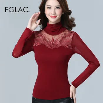 FGLAC Ženske t-shirt Moda Priložnostne dolg rokav Turtleneck Očesa vrhovi Elegantno Vitek Diamanti T-Shirt plus velikost ženske vrhovi