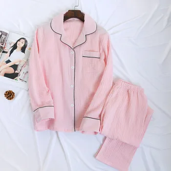 Nov Preprost Zvezde Čiste Barve Sleepwear Ženske Pajama Določa Japonsko Bombažne krep Dolg Rokav Sveže Homewear Ženske Pižame