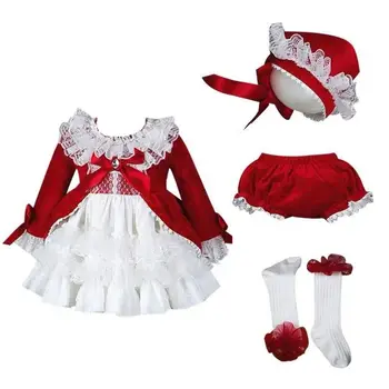 4PCS Španija Obleko Dekleta Royal Kostume Otroci Princess Poroka, Rojstni dan Obleke Stranka Čipke Haljo Fille Baby Dekle Božič Oblačila