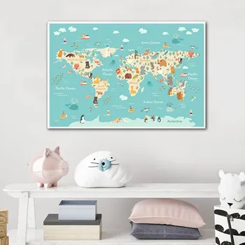 Cartoon Živali Ocean Svetovni Zemljevid, Platno Slikarstvo Plakatov in Fotografij Baby Razsvetljenje Stenskih slikah Otrok Spalnica Dekoracijo