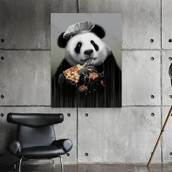 Platno Slikarstvo Pizza Panda Hd Tiskanje Plakatov Črni Klobuk Srčkan Lep Živali, Stenskih slikah, za dnevno Sobo Plakat Umetnine Dekor