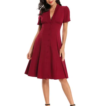Ženske A-line Trdna Vintage Obleko Rdeče Vintage Obleko Elegantne Retro Kolena-dolžina Obleko Kratkimi Vestidos Plus Velikost#J30