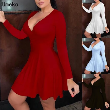 Umeko Vintage Proti-Vrat Obleko Seksi A-line Draped Čiste Barve Femme Pomlad Mini Kratke Obleke, Elegantne Vestidos Ženske Stranke Obleke