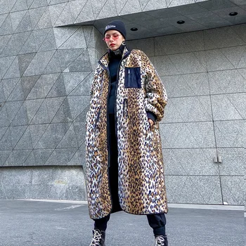 Leopard Natisniti Dolgo Zimo Ženska Plašč 2020 Velikosti Toplo Posnemali Runo Suknjič Plus Velikosti Debel Bombaž Ženska Vrhnja Oblačila Ženske