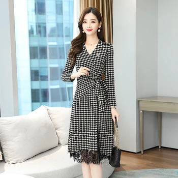 Ženske Midi Dolg Rokav Kariran Obleko Jesen Pomlad vzletno-pristajalne Steze 2020 Elegantno korejski Slim Obleko 4XL Plus Velikost Priložnostne Urad Obleke Nove