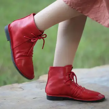 GKTINOO Zimski Škornji Ženske Čevlje Pravega Usnja 2020 Novo Čipke-up Ravno S Krog Toe Ročno Jedrnato Gleženj Platforma Čevlji