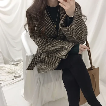 2020 prišlekov Retro Volnene bo Ustrezala Outwear korejski Elegantna Dolgo sleeved Čipke-up Vitek Pas Svoboden Suknjič Priložnostne Lady Outwear