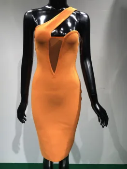 Čisto Nov 2020 Ženske Modni Seksi Eno Ramo Očesa Oranžna Povoj Obleko Oblikovalca Elegantne Večerne Slaven Stranka Obleko Vestido