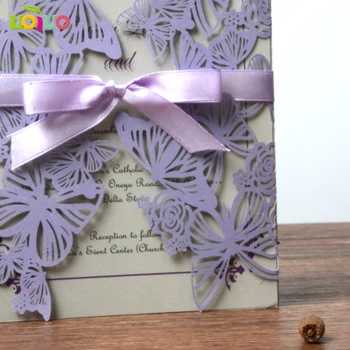 Vroče prodati čipke lavander vijolično metulj lasersko rezanje 3d poročno vabilo kartice, poročna darila, spominki dekoracijo