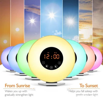 Zatemniti LED Wake Up Light Budilka s 7 Barv Sunrise FM-Radia, Glasbe, Razpoloženje Svetlobe Digitalni Dremež Narave Zvoke Nočna Lučka