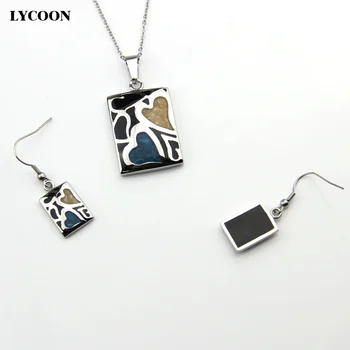 LYCOON najnovejši iz nerjavečega jekla srce slog z vijolična siva smolo, ogrlico, obesek, emajl uhani nakit set za ženske LYS008