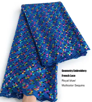Royal modra Multicolors Geometrijske teksturirane Afriške francoski čipke til tkanine z bleščicami Nigerijski sodobne priložnostne obrabe 5 metrov