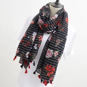 2020 Modo Jeseni Viskoze Šal Črne Trakove Cvetlični Tassel Plažo, oblačila Hidžab Šali in Obloge Ženski Foulards Echarpe Muslimanska oblačila Hidžab