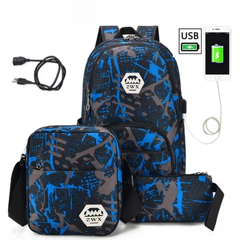 3pcs/nastavite USB Moški nahrbtniki visoka šola torbe za ženske do leta 2020 fantje rami velik študentska potovalna torba moških šolski nahrbtnik mochila