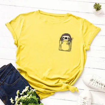 Smešno Žep Lenivec Ženske T-shirt Kratek Rokav Cotton Tee Shirt Priložnostne Plus Velikost 5XL Ženske Vrhovi Risanka Živali Tiskanja Tshirt