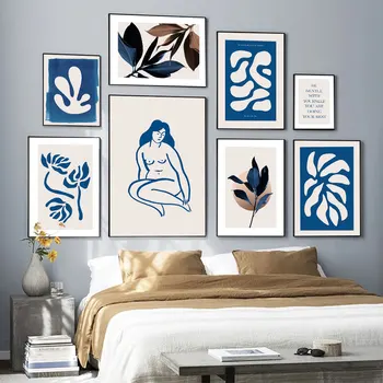 Modularna Platno Doma Dekor Natisne Povzetek Modra Listov Slikarstvo Plakat Moderne Risanke Wall Art Slik, Dnevna Soba Ni Uokvirjena