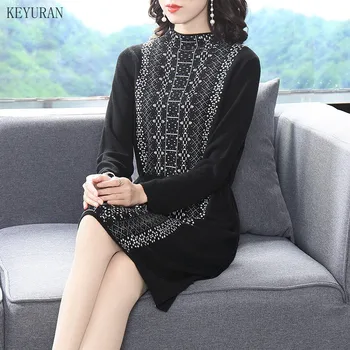 Pletena Obleka Ženske 2020 Jacquardske Korejski Elegantna Turtleneck Talarji Nastavljiv Pasu Dolg Rokav Priložnostne Elegantno Obleko Robe