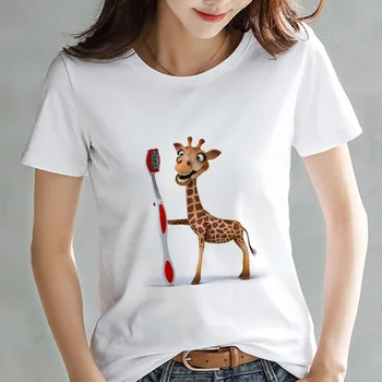 Majica s kratkimi rokavi Ženske kawaii žirafa natisnjeni beli Poletni tshirt Moda Hipster Harajuku Tanke oddelek srčkan T-shirt ženski zgornji deli oblačil