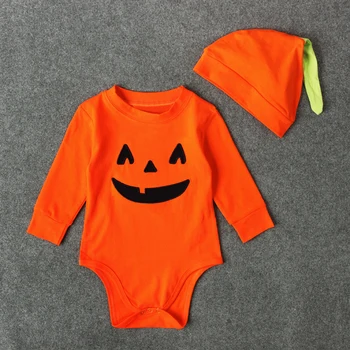 2017 Srčkan Halloween Buče za Malčke Romper Dolgimi Rokavi Jumpsuit+Klobuki 2Pcs Baby Halloween Kostum Jumpsuit Fantje Dekleta Visoke Kakovosti