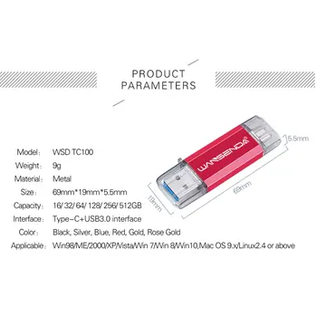 WANSENDA Tip C OTG USB ključek Usb 3.0 Pendrive za Tip-C Mobile/PC 512GB 128GB 256GB 64GB 32GB High Speed USB Stick