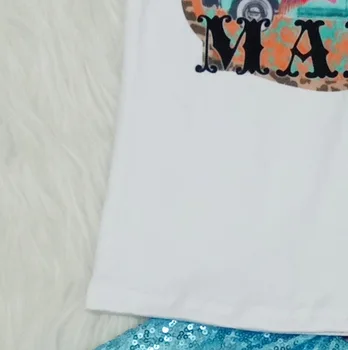 Kratka sleeved sežgati hlače otrok dekle bela vrh tovornjak cvetje leopard hlače modre bleščica materiala yll