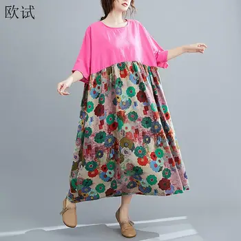 Plus Velikost Poletje cvjetnim Tiskanja obleko Bombaža Dolgo ženske Obleke za ženske, 4XL 5XL 6XL Haljo Femme Svoboden Boho Plaži Priložnostne Obleko