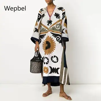 WEPBEL Dolgo Sleeved Tiskanih Obleke Poletje Ženske obleke Seksi Proti-vrat Razširljiv Plus Velikost Naravnost Svoboden Priložnostne Obleko