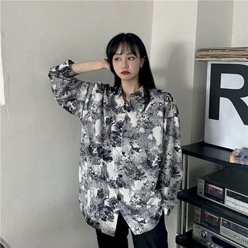 Retro tiskanja Hong Kong slog dolgo sleeved majica ženska spomladi in jeseni tanke študentov korejska različica svoboden ins divje suknjič tide