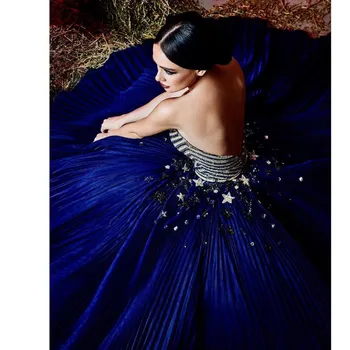 Vintage Royal Modre Zvezde, Kristalno Naguban Prom Obleke 2021 Beaded A-line Maturantski Halje Off Ramo Vestido Long De Praznik