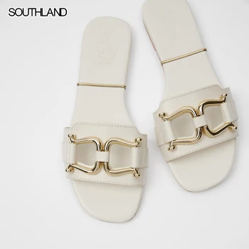 SOUTHLAND 2020 nove ženske čevlje Kovinski nakit design usnje krava Ravno sandali ženska Poletni natikači