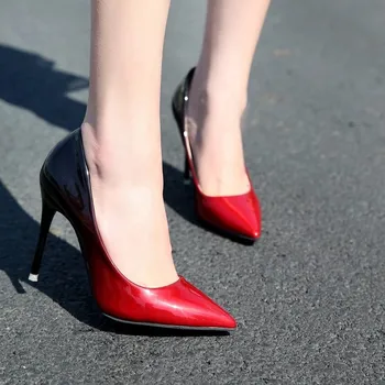 Gradient barve Konicami Prstov Plitvo 10 CM Visoke pete, črpalke ženske shoes2019 Urad Mešane Barve Tanke Pete Gume, ki je edini dame čevlji