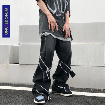 UNCLEDONJM 2020AW Mens street nositi Jeans Moške Temne Funkcionalne Veter Svoboden Naravnost Širok Noge Hlače Hip hop Črne Kavbojke T2-B120