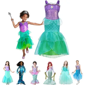 Dekleta Little Mermaid Dress Otroci Oblačila Fancy Sea Princess Party Kostum Hči Halloween Horrior Noč Obleke
