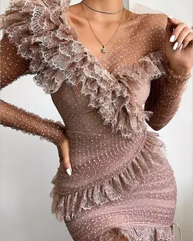 2020 Modno Elegantna Mini Klub, Obleko Pomlad Ženske Z Dolgimi Rokavi V Vratu Čipke Ruffles Pika Očesa Bodycon Povoj Obleko Vestidos