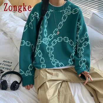 Zongke Verige Tiskanja Pleteni Pulover Moških Oblačil Harajuku Puloverji Puloverju Moški Pulover Modi Mens Oblačila M-2XL 2020