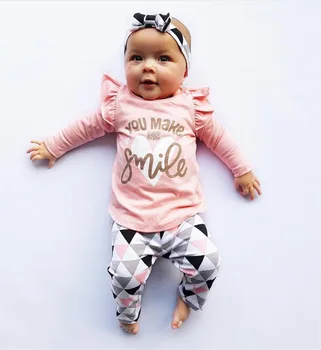 3Pcs Newborn Baby Girl Obleke, Roza Rokav Ruffle Vrhovi+Geometrijske Hlače+Glavo za Malčke Baby Toddler Dekliška Oblačila Sklop