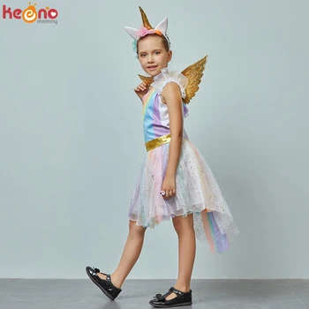 Dekleta Samorog Obleko Otroci Halloween Party Pageant Til Cosplay Kostum s Krili Glavo Otrok Mavrica Ponija Obleko Bleščice