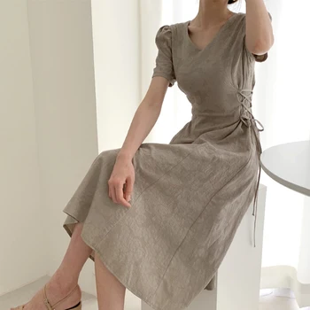 ženske obleke 2020 poletje korejski oblačil vintage elegantno V vratu slim čipke-up kratek sleeve solid color priložnostne bombaža dolgo obleko