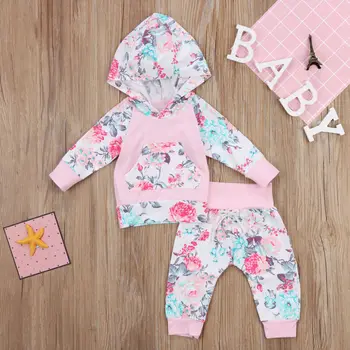 Novo Newborn Baby Toddler Dekleta Cvetlični Hoodies Hlače, Dokolenke Obleko Playsuit Pranje Tiskanje Dolg Rokav Hoodie Oblačila