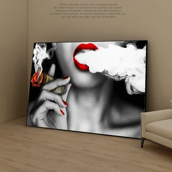 Seksi Dekle Je Kajenje Cigar, Plakatov In Fotografij Rdeče Ustnice Wall Art Platno Natisne Sodobne Pop Art Slik Za Dom Dekoracijo Sten