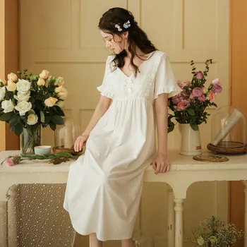 2020 Kratka Sleeved Bombaž Bela Nightdress Ženskih Poletnih Princesa Sladko Plus-velika Sleepwear Nightgown Domov oblačila Za Spanje