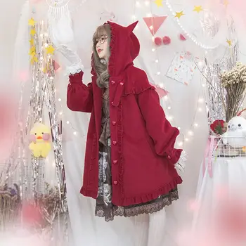 Japonska jesen in zimo sweet lolita plašč rdeča kapica falbala plašč volnene suknji kawaii dekle gothic lolita plašč