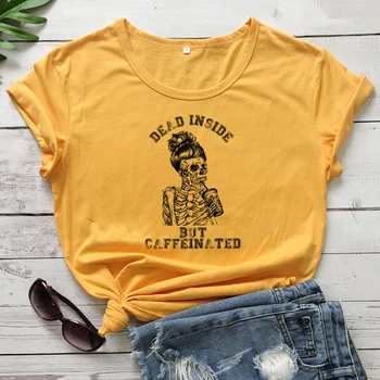 Mrtvo, Vendar Kofeinskih T-shirt Sablastan Ženske Kave Okostje Graphic Tee Rokavi Top Smešno Mama Življenje Darilo Tshirt