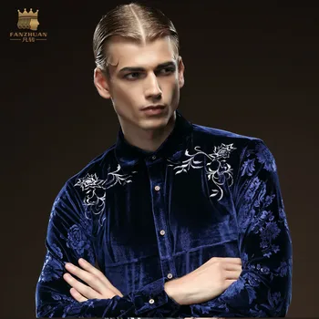 Brezplačna Dostava Fanzhuan Nova moška moda za Moške človek vezene dolgo oplaščeni barva modri ovratnik Slim bluzo majica 512058