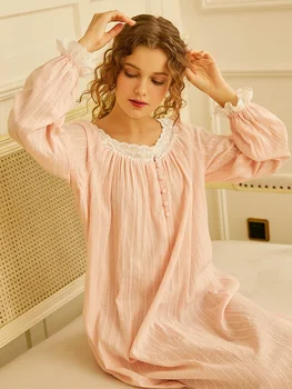 Pomlad Jesen Bombaž Žensk Sleepwear Pink Princess Dekleta Dolgo Nightgowns Svoboden More